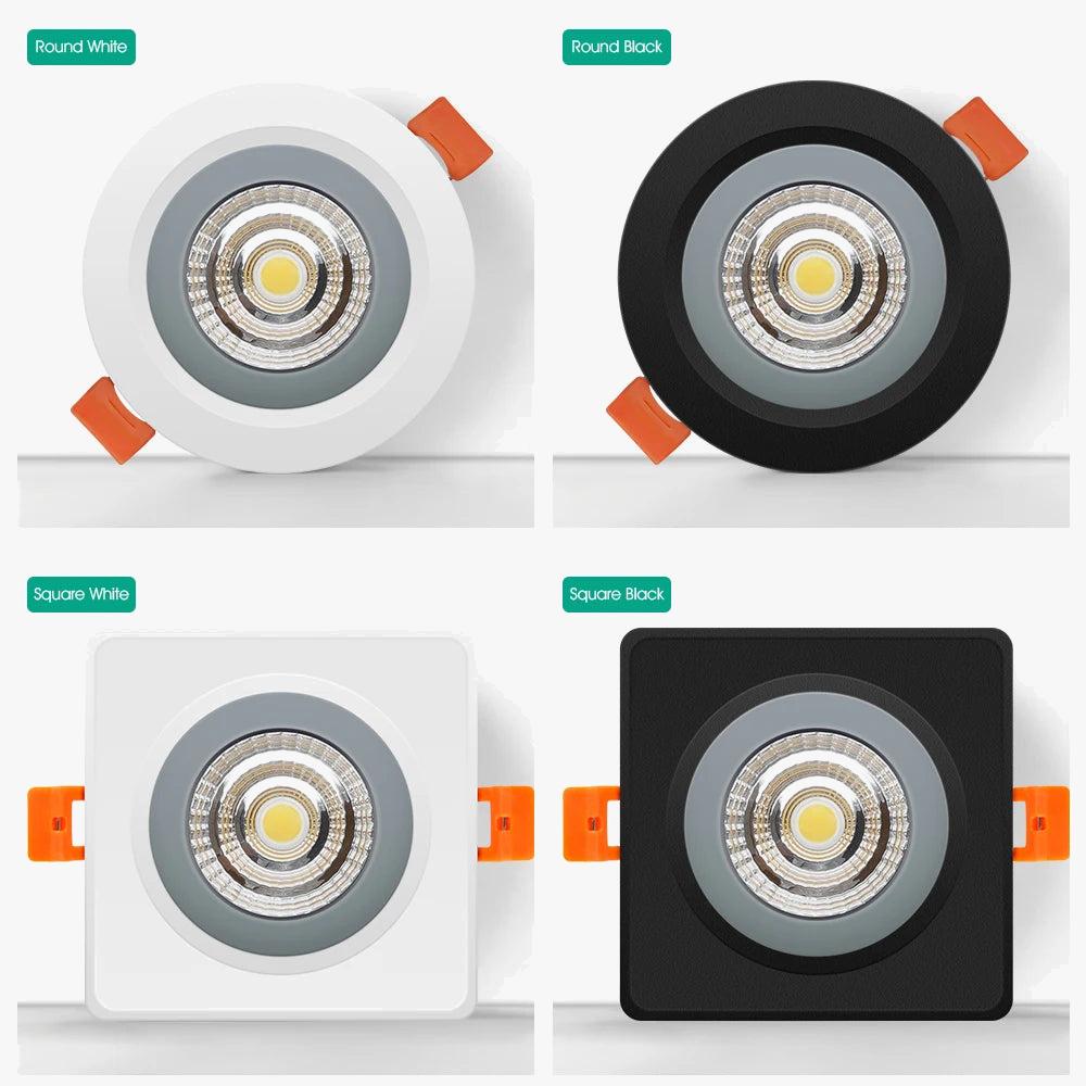 Waterproof downlight family with alternative sizes and finish variations.