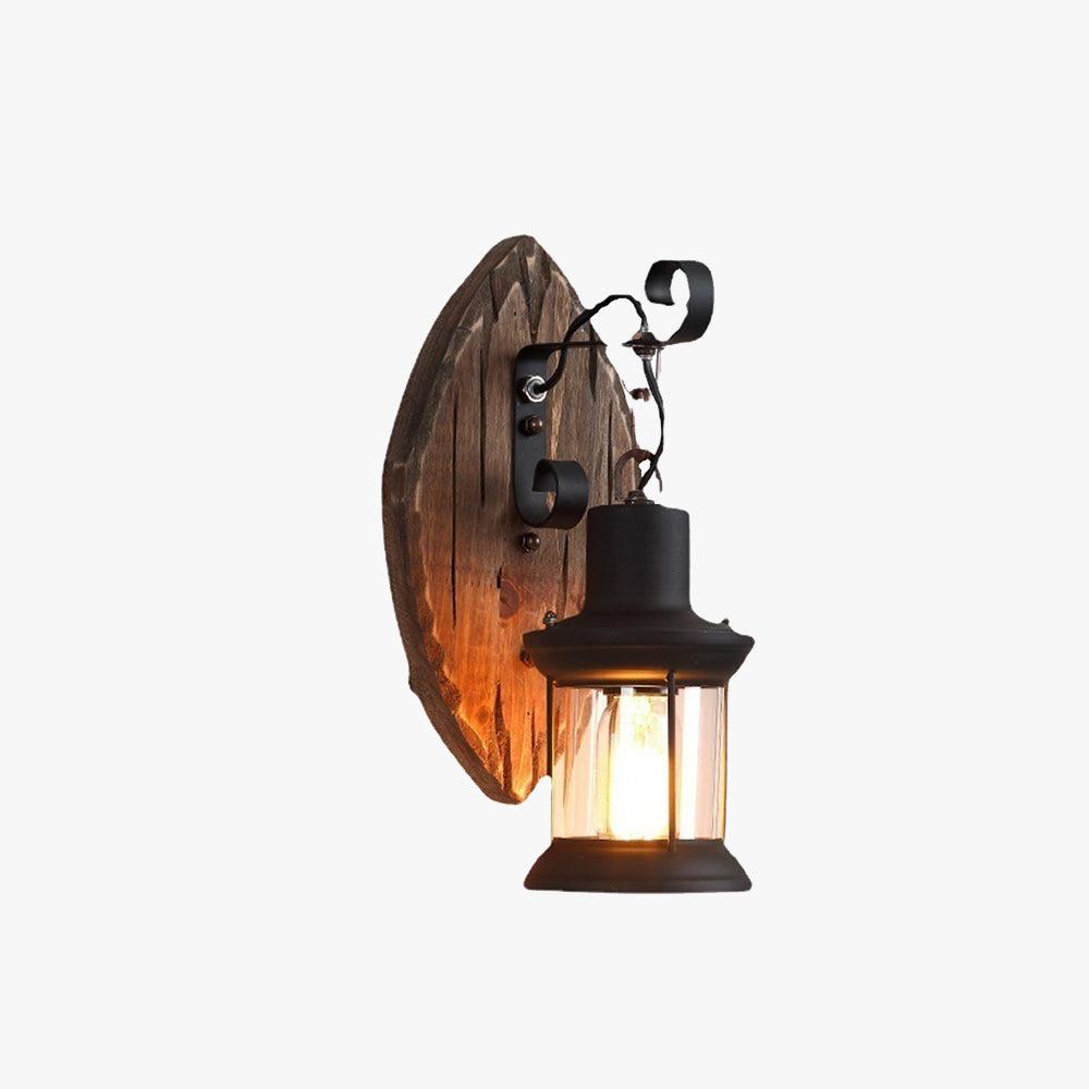 Front view of a handcrafted rustic wall lamp with natural materials.