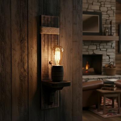 Rustic wall lamp installed in a luxury mountain lodge with warm architectural interiors.