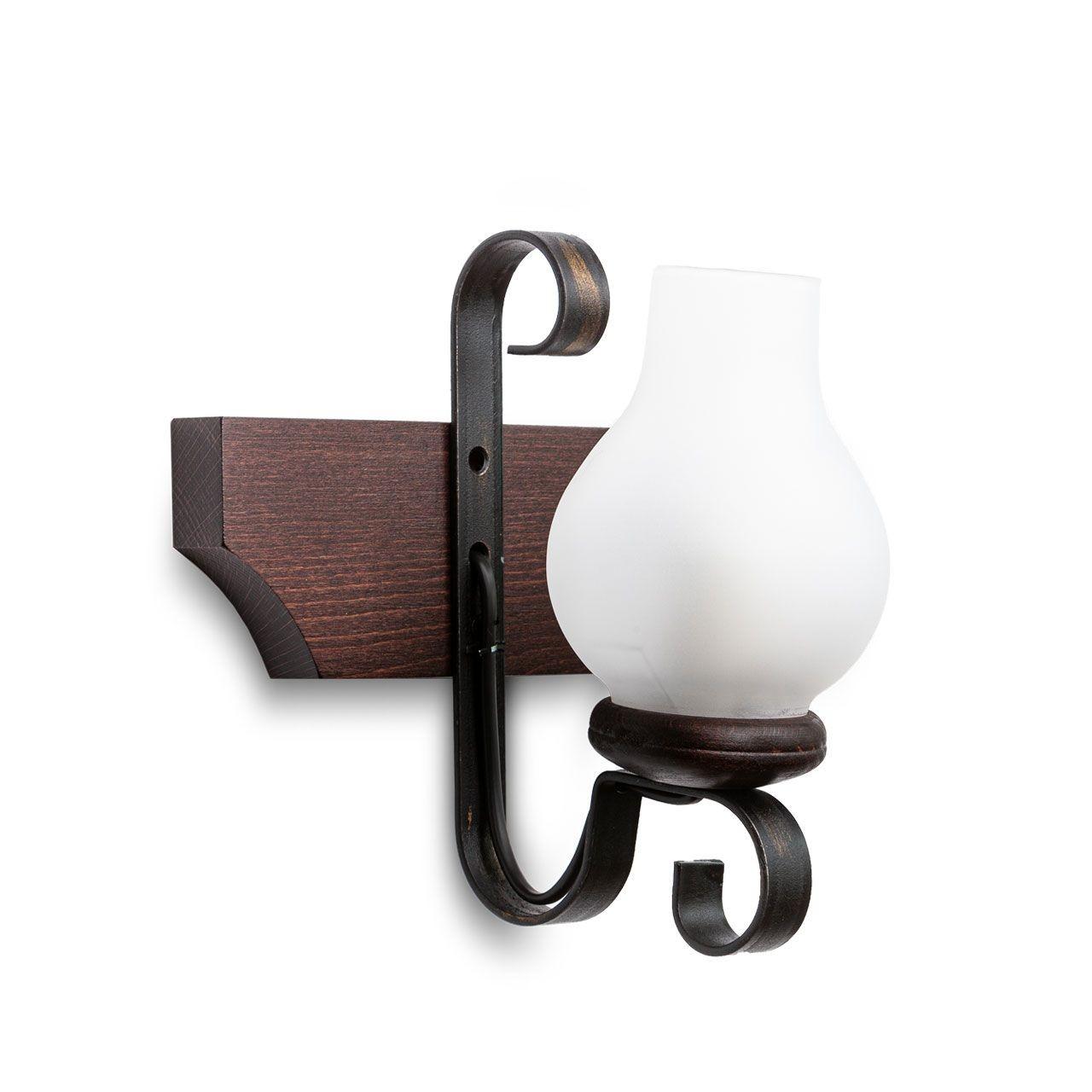 Rustic wall lamp featuring wood and wrought iron photographed on a clean white studio background.