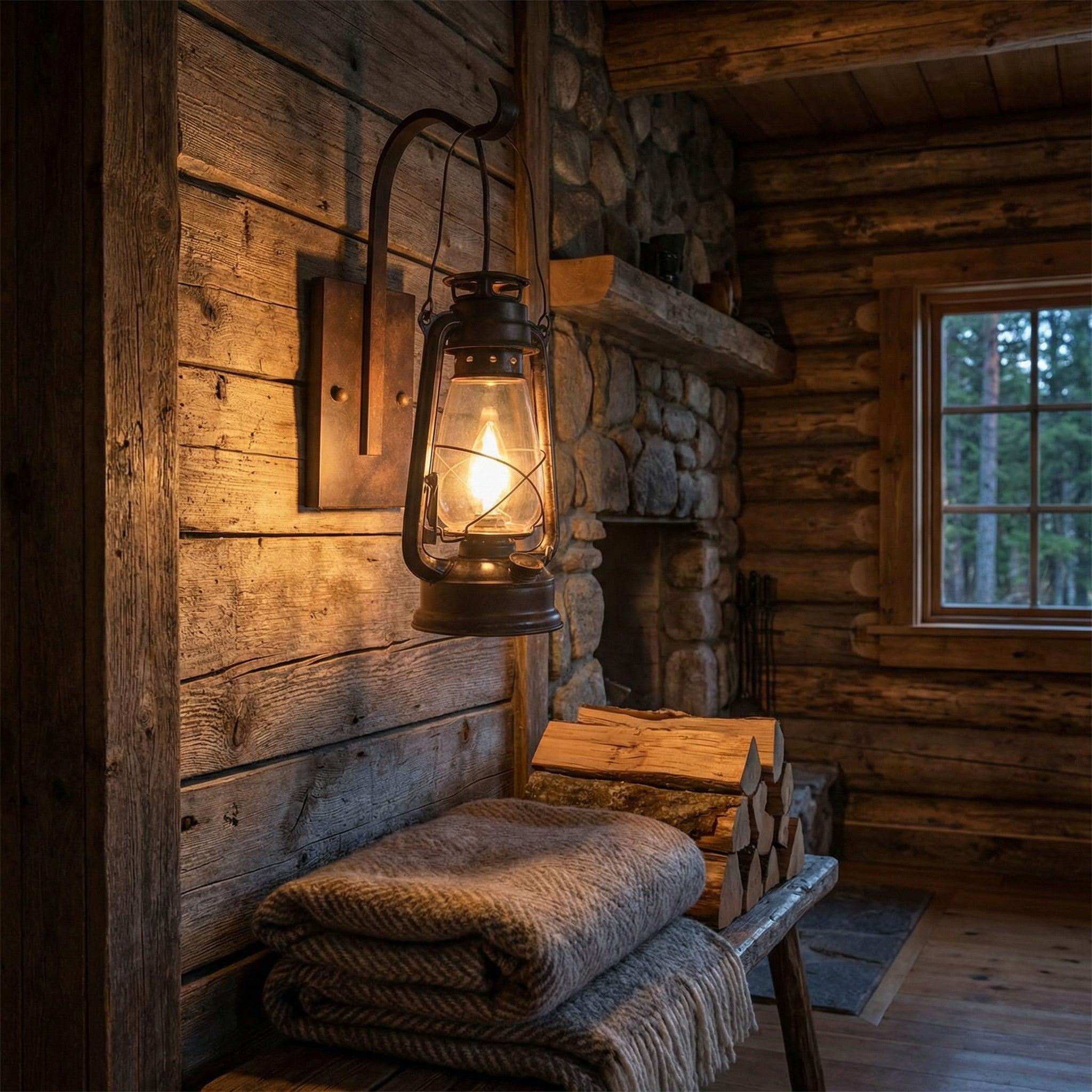 Rustic wall lamp installed in a luxury mountain lodge with warm architectural interiors.