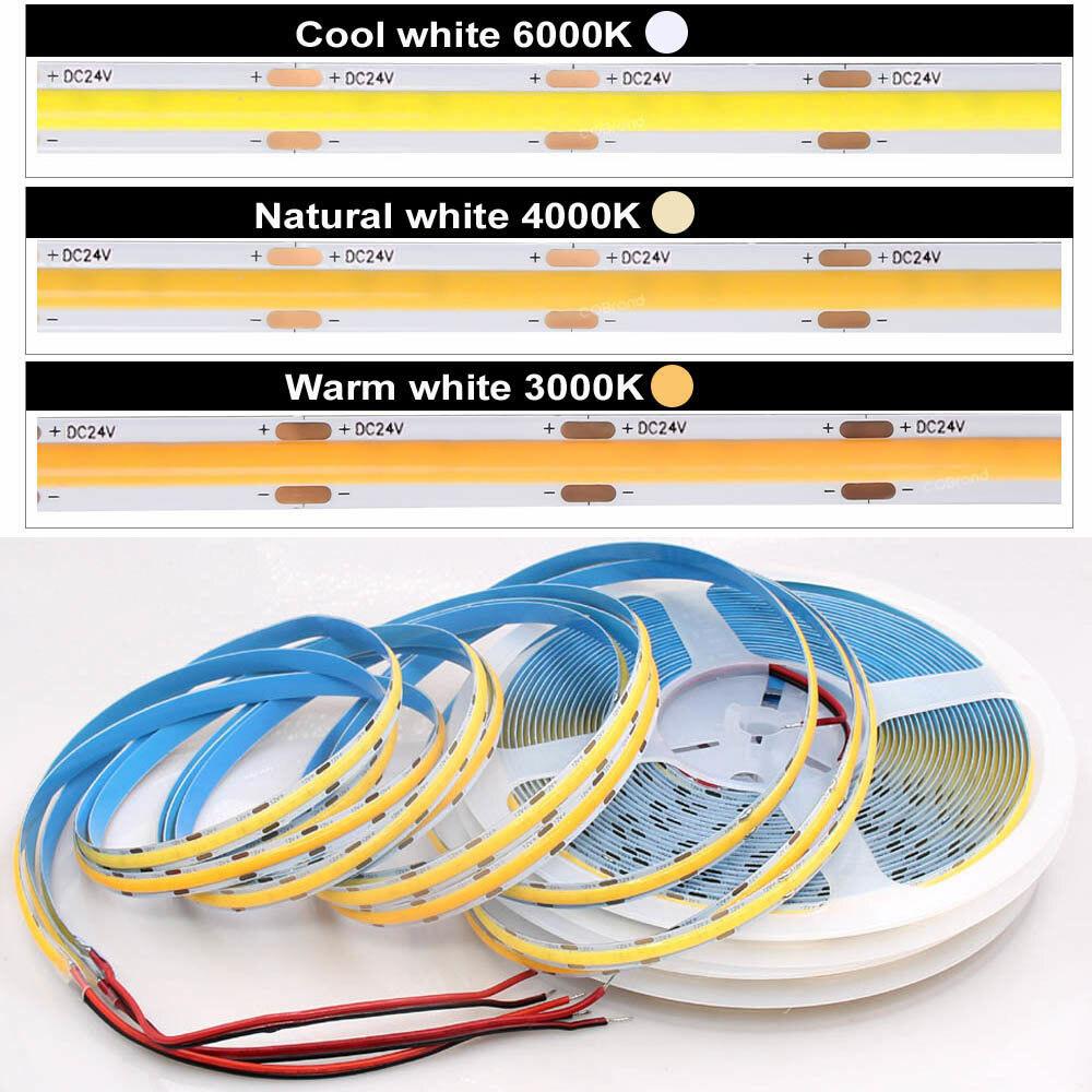 COB LED strip family with different color temperatures, wattages and IP ratings.