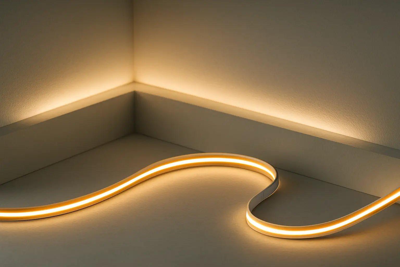 COB LED strips installed in a contemporary architectural cove lighting application.