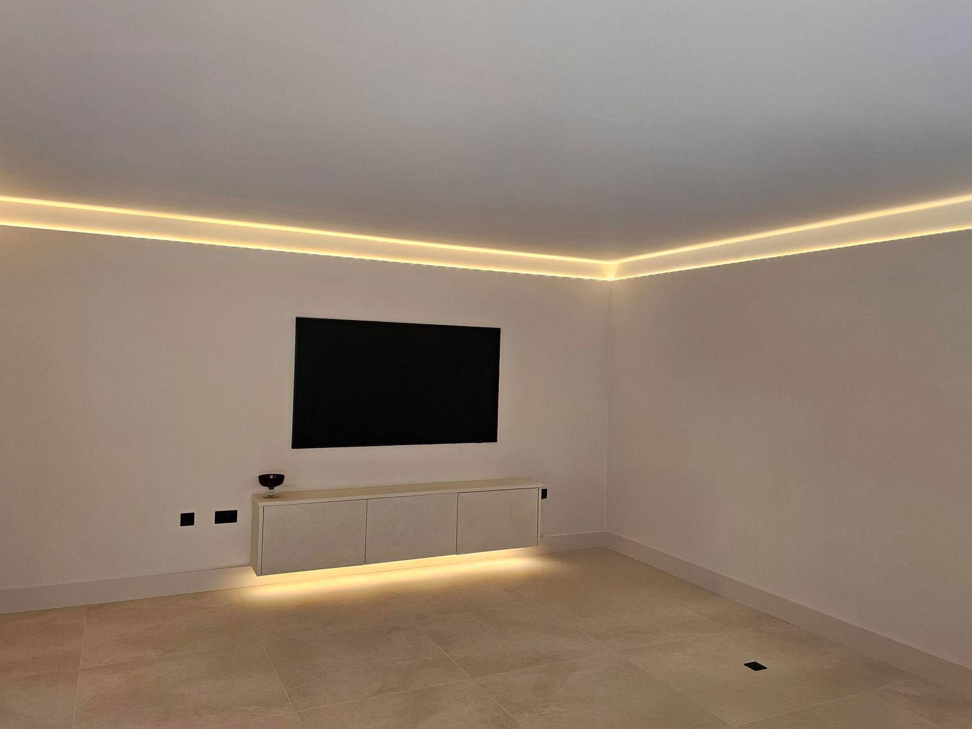 COB LED strips installed in a contemporary architectural cove lighting application.