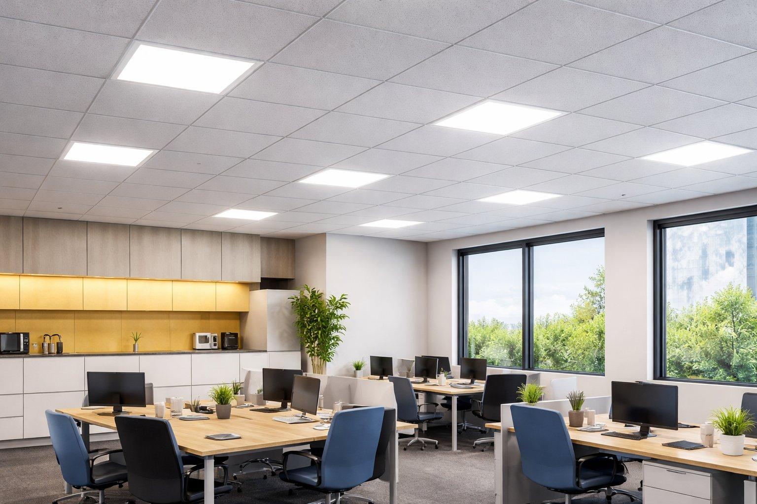 Recessed backlit panel lighting providing uniform illumination in a modern open-plan office