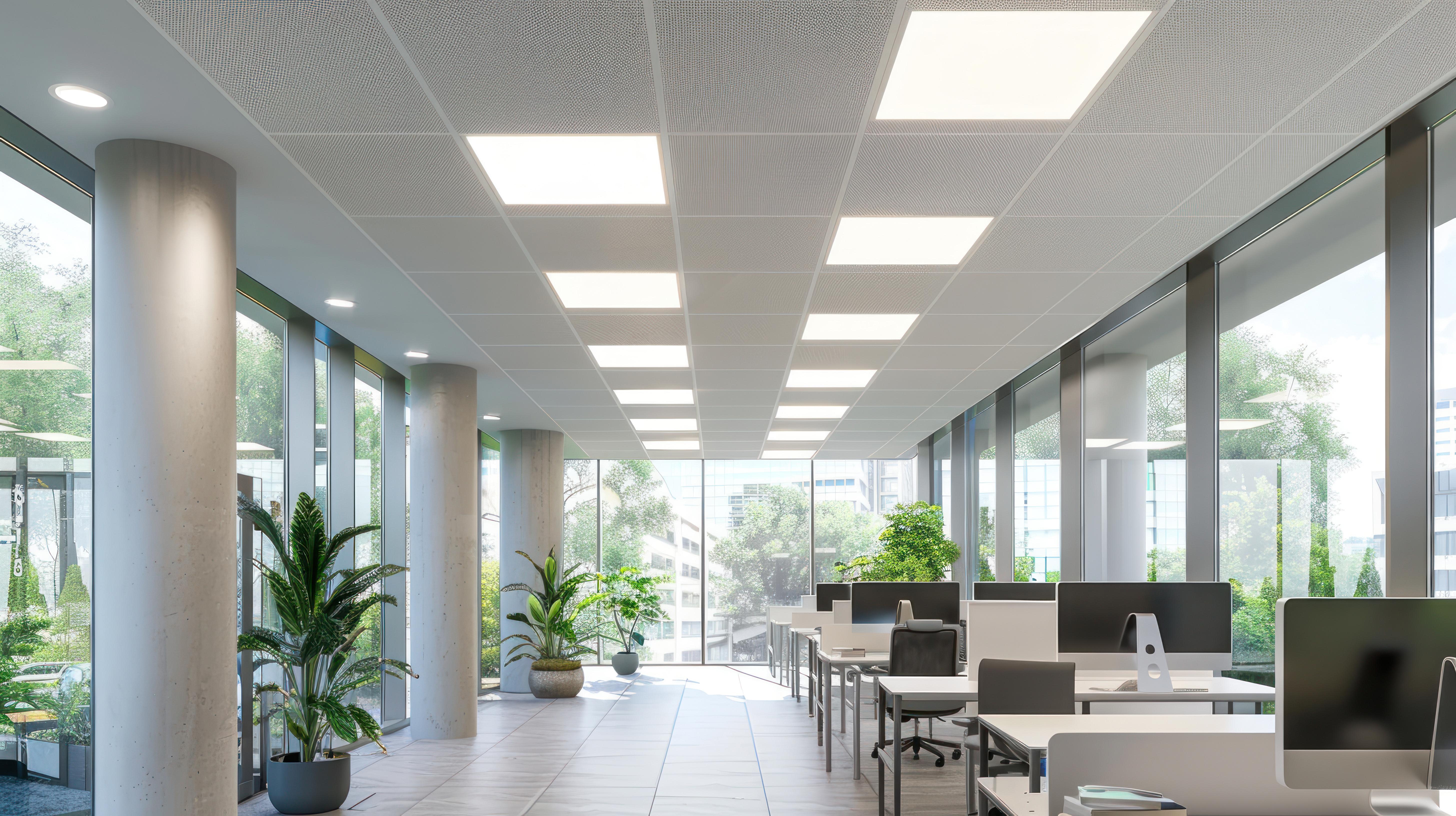Recessed backlit panel lighting providing uniform illumination in a modern open-plan office