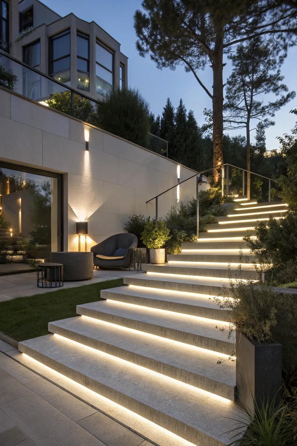 Linear step lights installed on a contemporary outdoor staircase in a hospitality landscape.