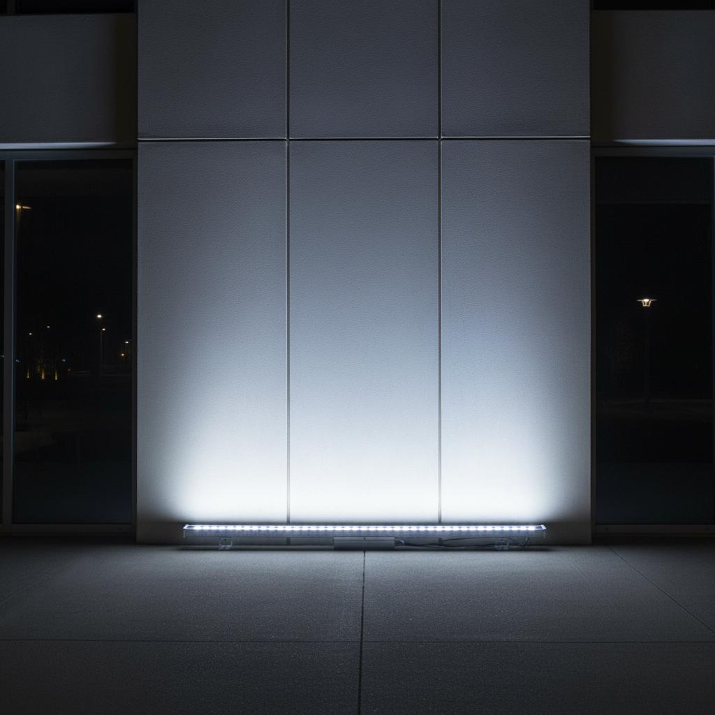 Linear facade lights highlighting a contemporary building façade.