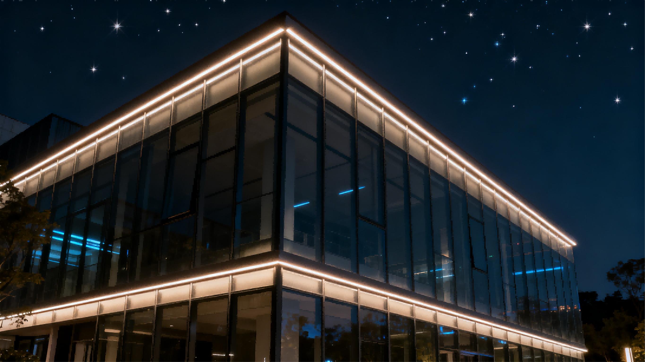 Linear facade lights highlighting a contemporary building façade.