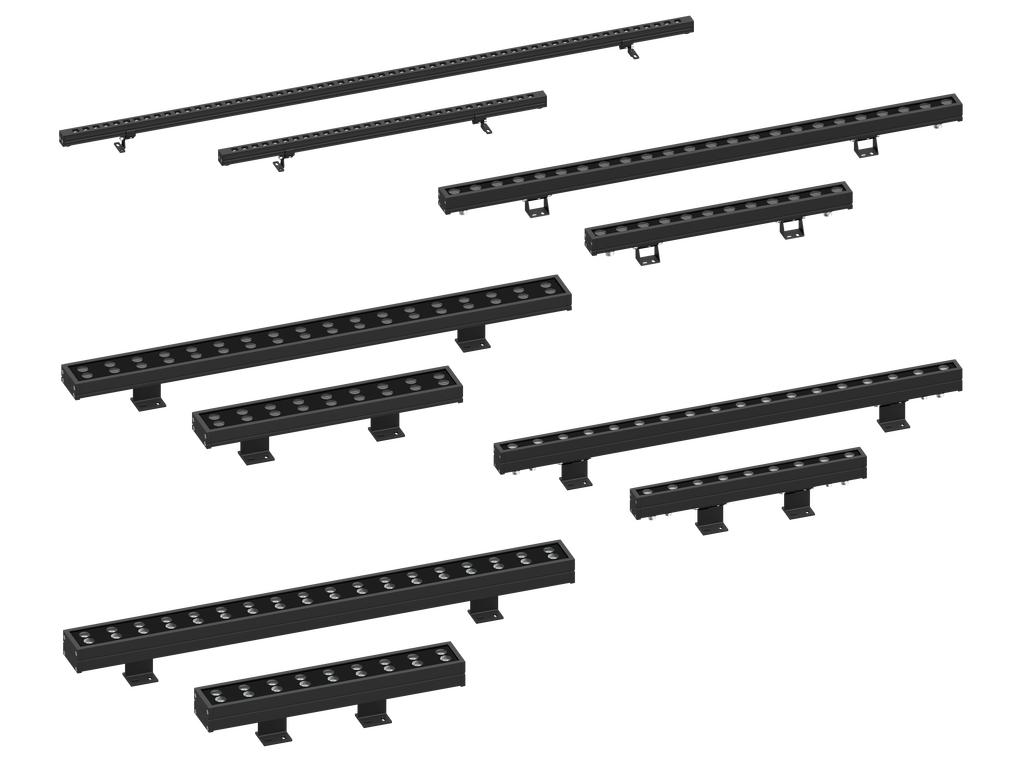 Linear facade light family with length and finish variations.