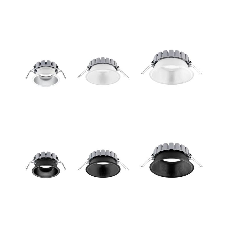 Human centric downlight family with alternative finishes and sizes.