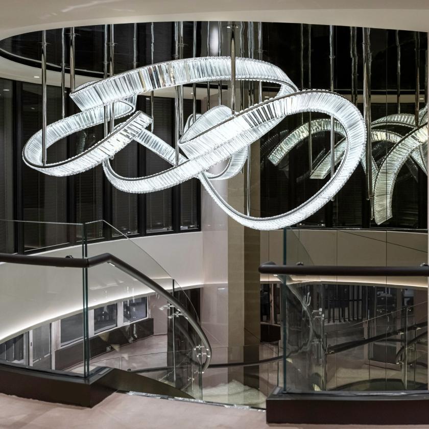Bespoke chandelier installed in a luxury hospitality project.