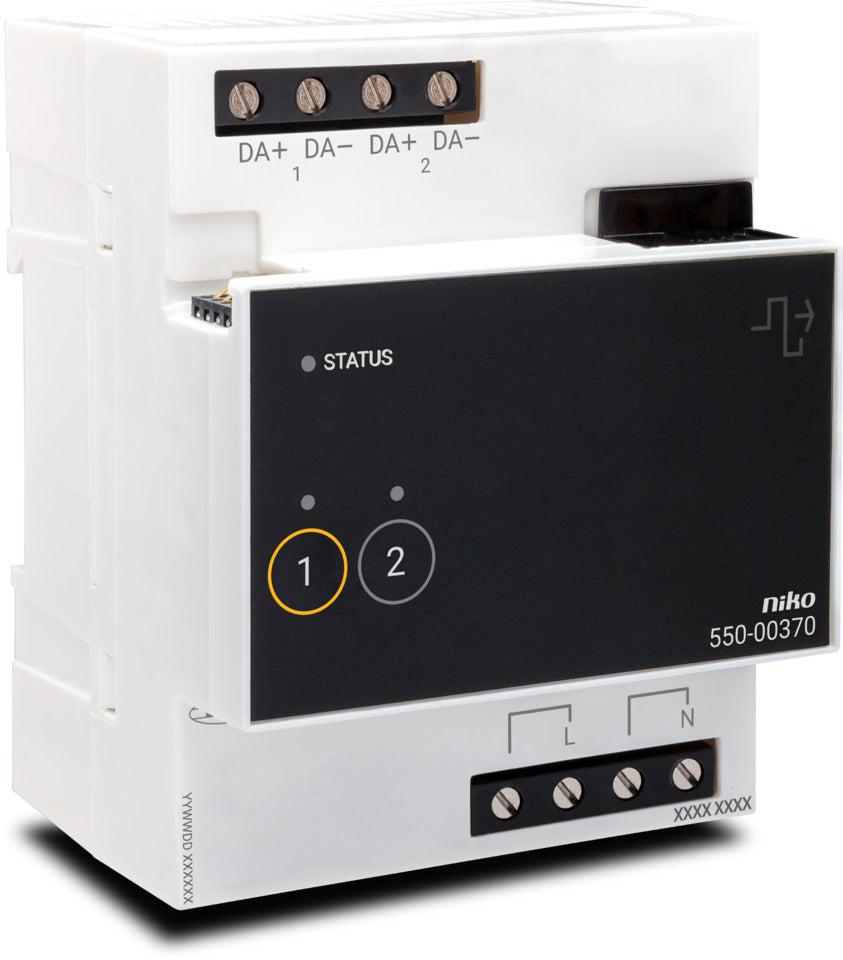 Front view of a DALI lighting control module.
