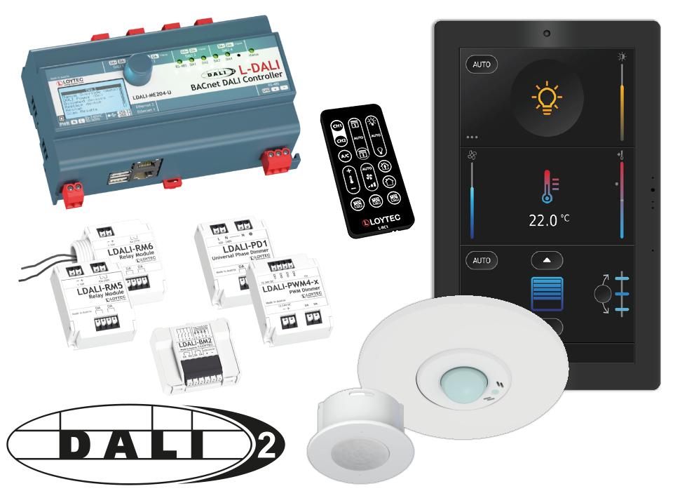 DALI lighting control system with controllers, gateways and interfaces.