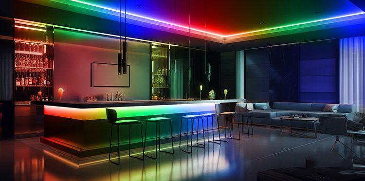 RGB LED strips creating dynamic ambient lighting in a contemporary hospitality interior.