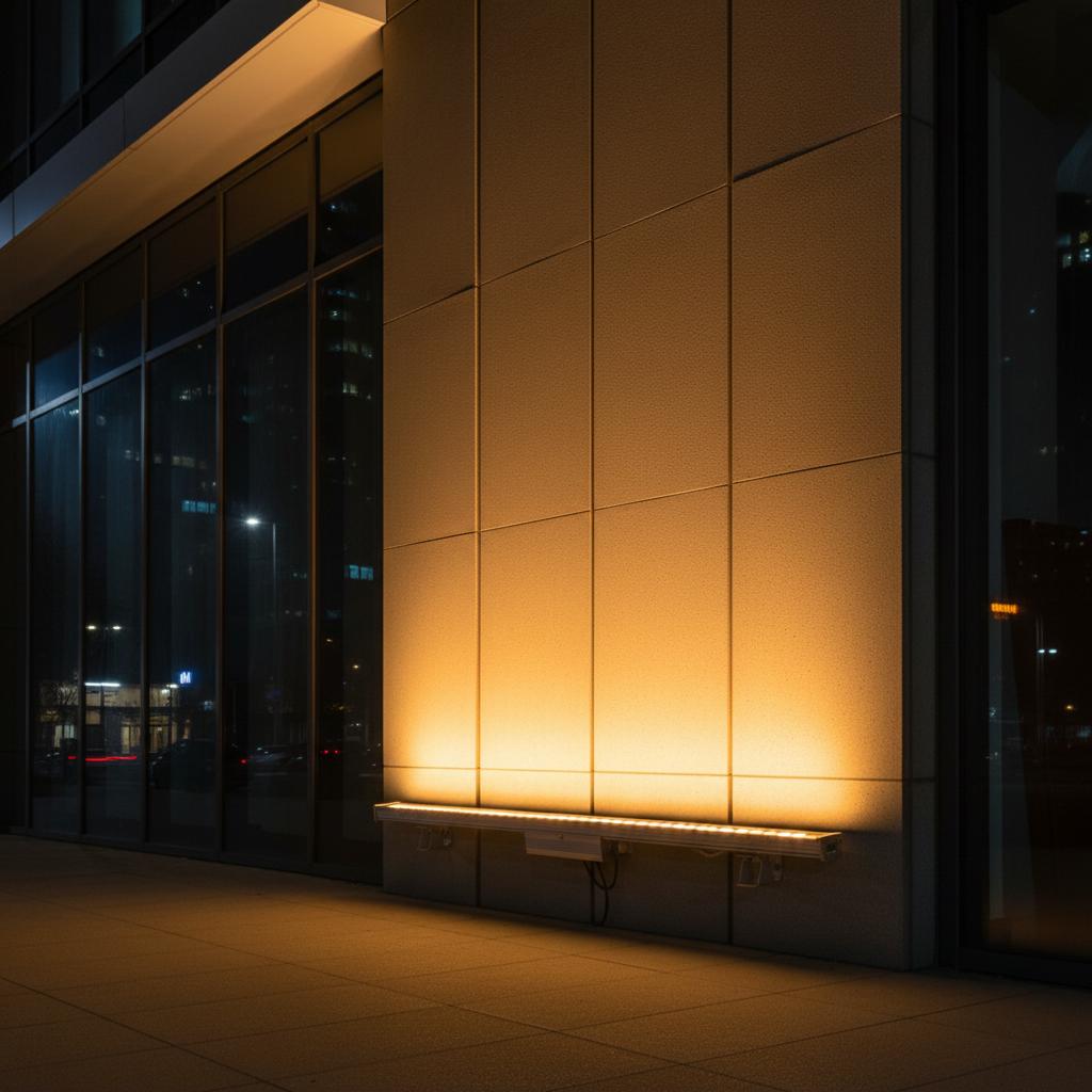 Grazer wall washers highlighting the texture of a contemporary architectural façade.