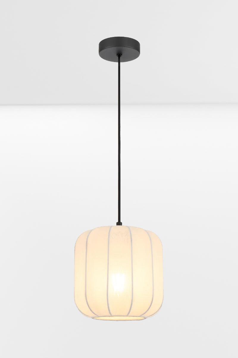 Front view of a decorative fabric pendant light for architectural interiors.