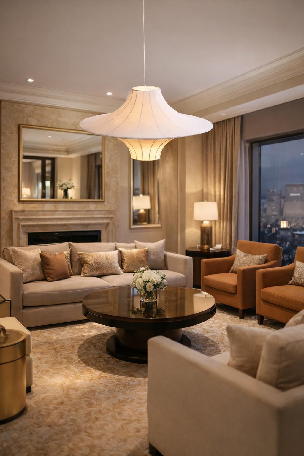 Fabric pendant lighting installed in a premium hospitality interior.