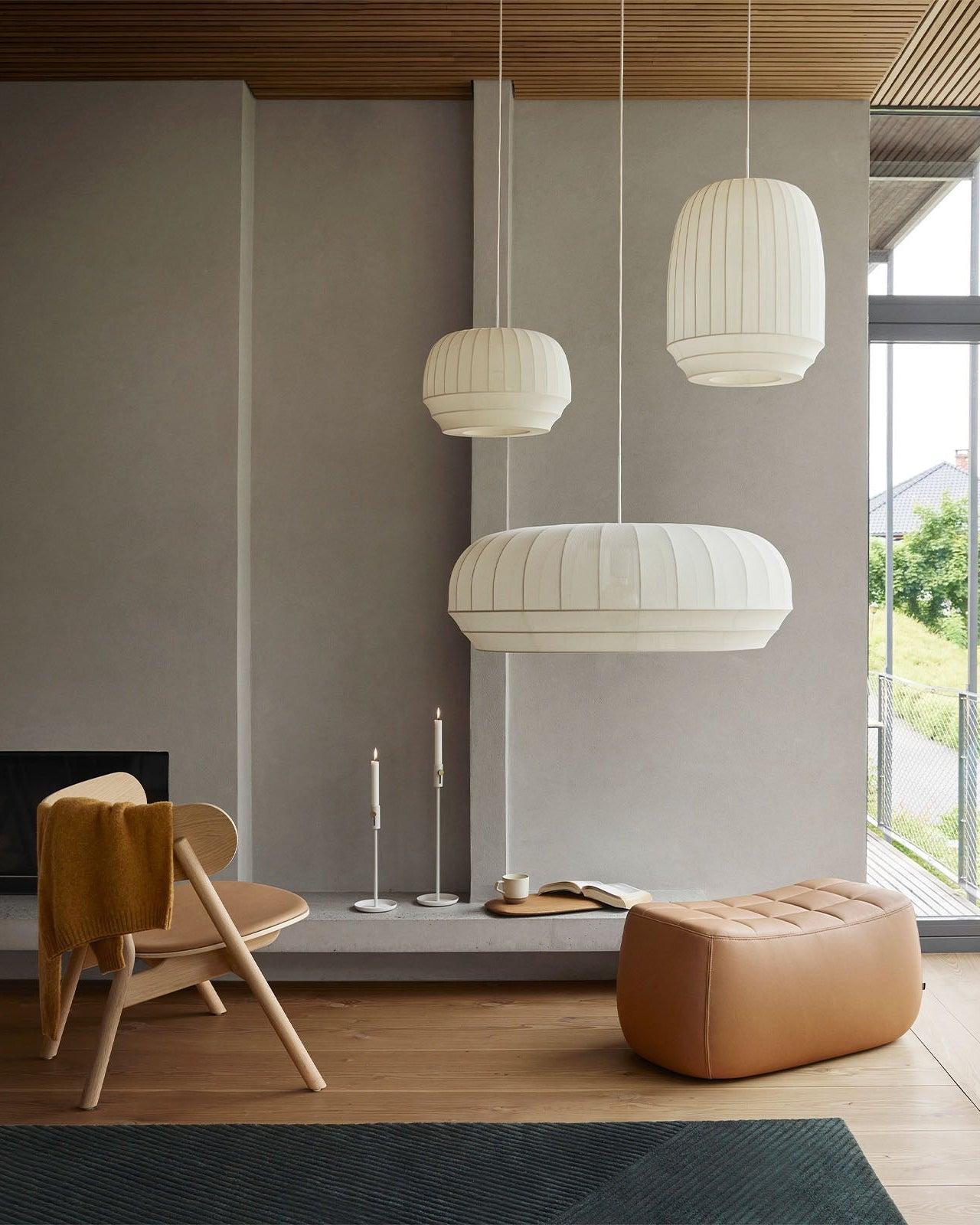 Fabric pendant lighting installed in a premium hospitality interior.