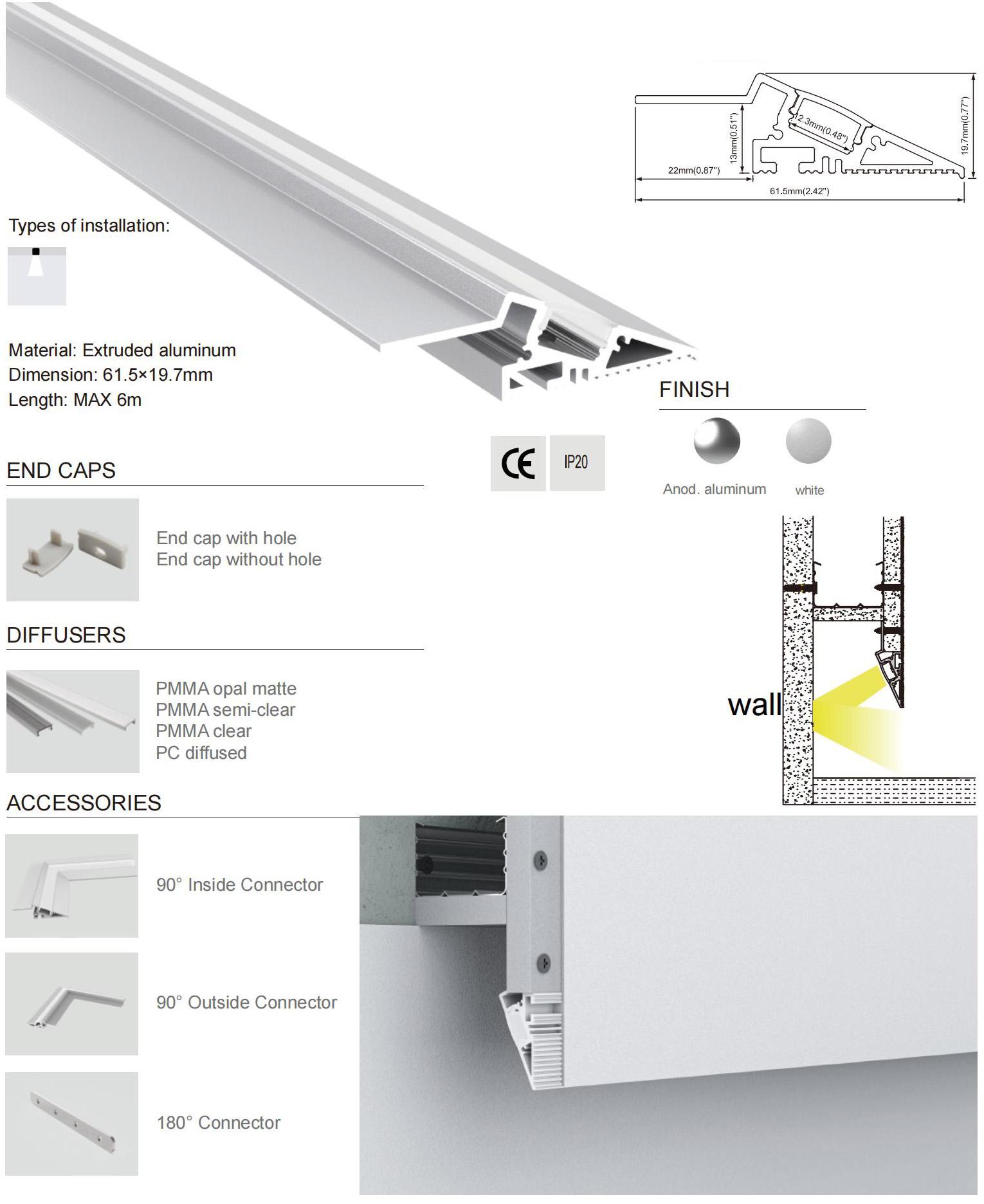 Perimeter cove lighting profile family with multiple profile dimensions, diffuser options and trimless configurations.