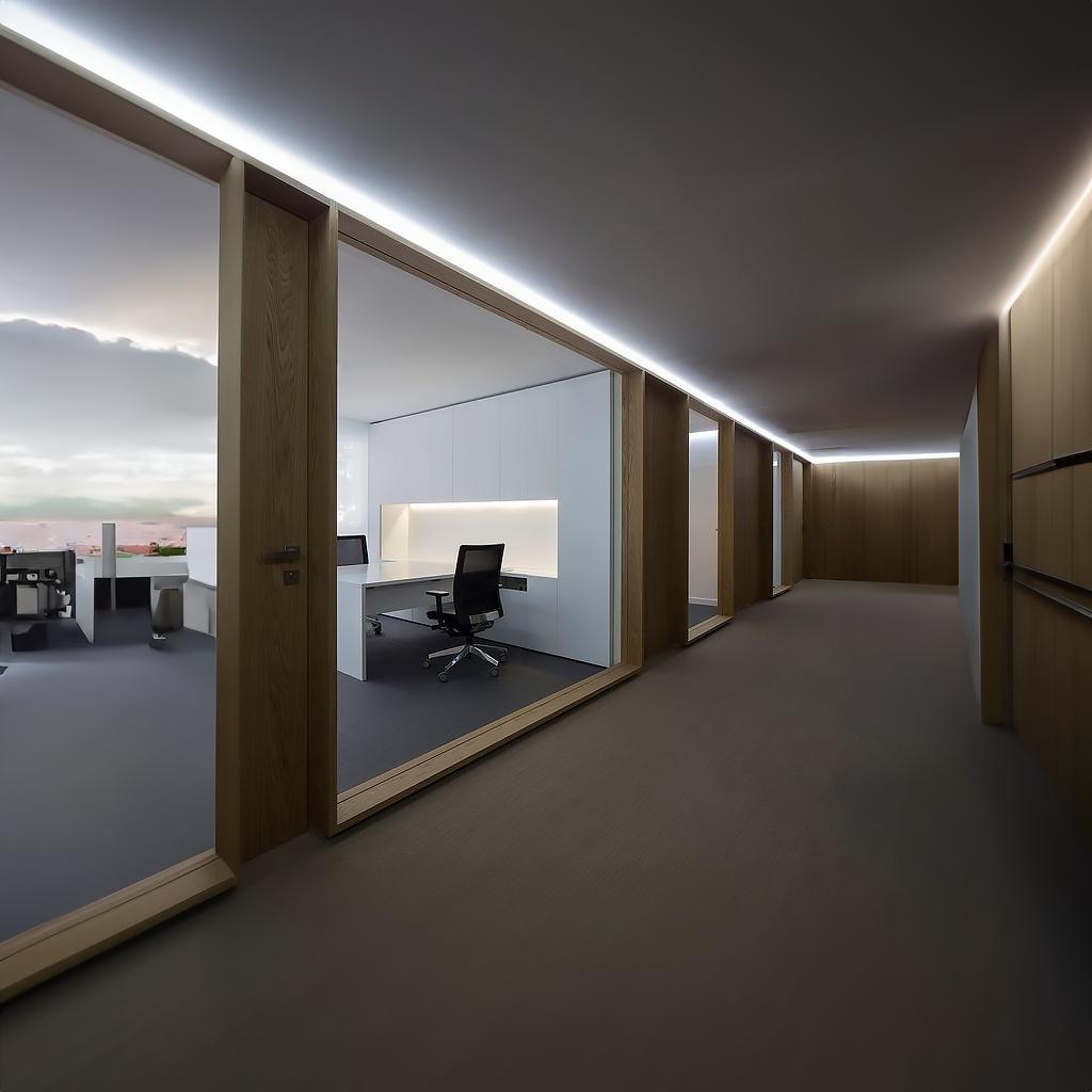 Perimeter cove lighting integrated around the ceiling perimeter of a contemporary office interior.