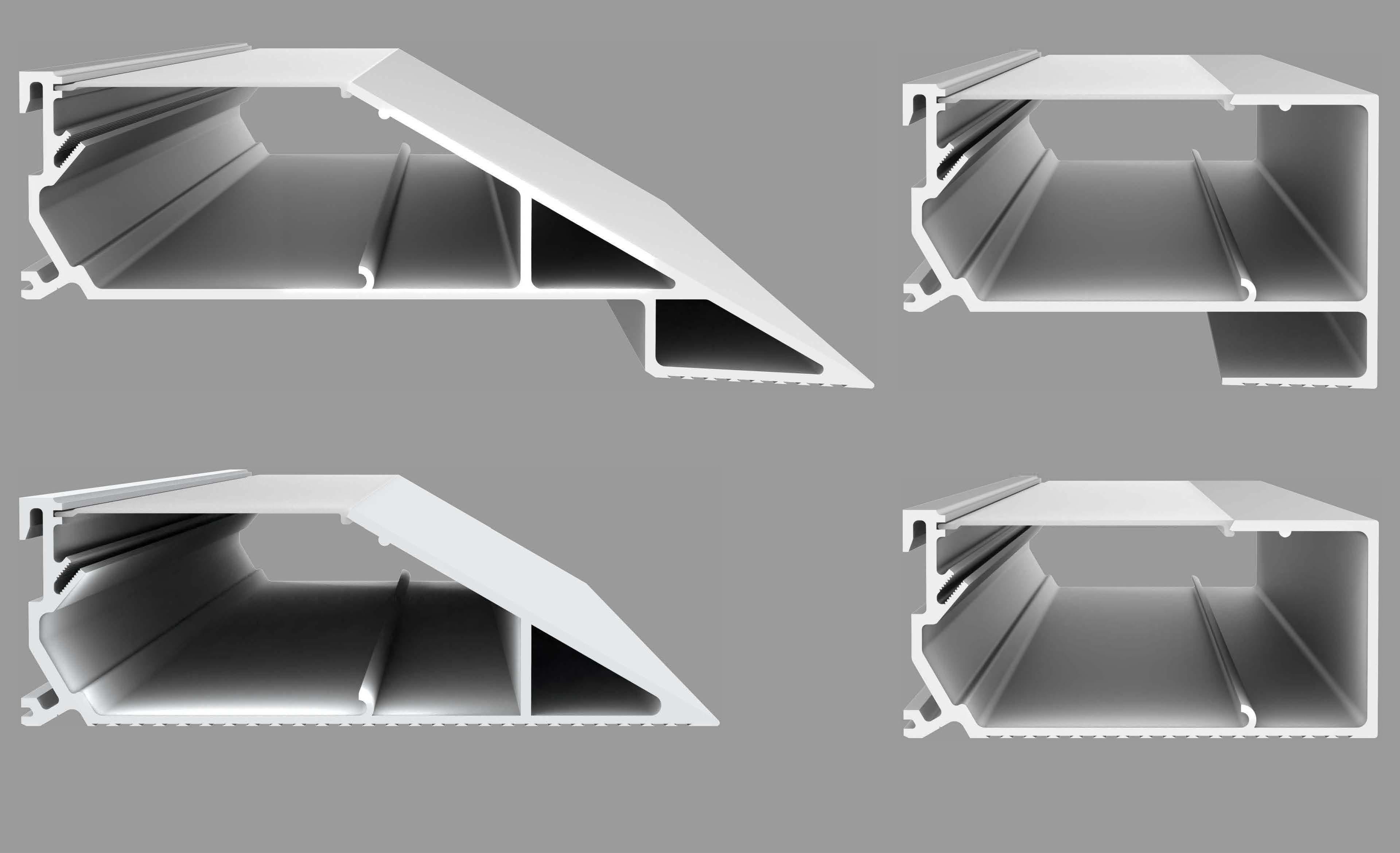 Perimeter cove lighting profile family with multiple profile dimensions, diffuser options and trimless configurations.