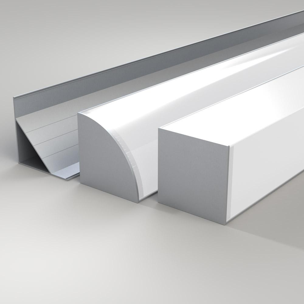 Perimeter cove lighting profile family with multiple profile dimensions, diffuser options and trimless configurations.