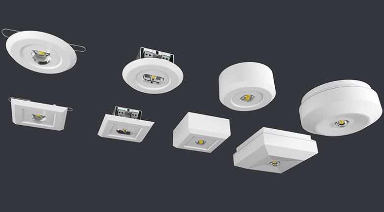 Recessed emergency light family with size and configuration variations.