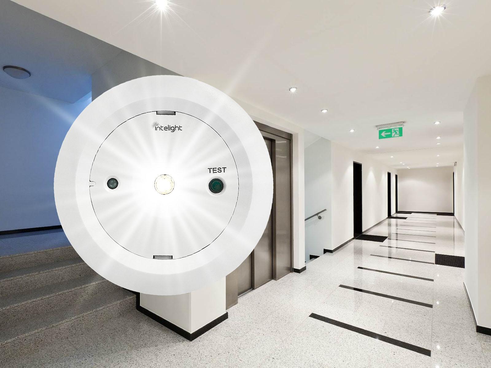 Front view of a recessed emergency light.