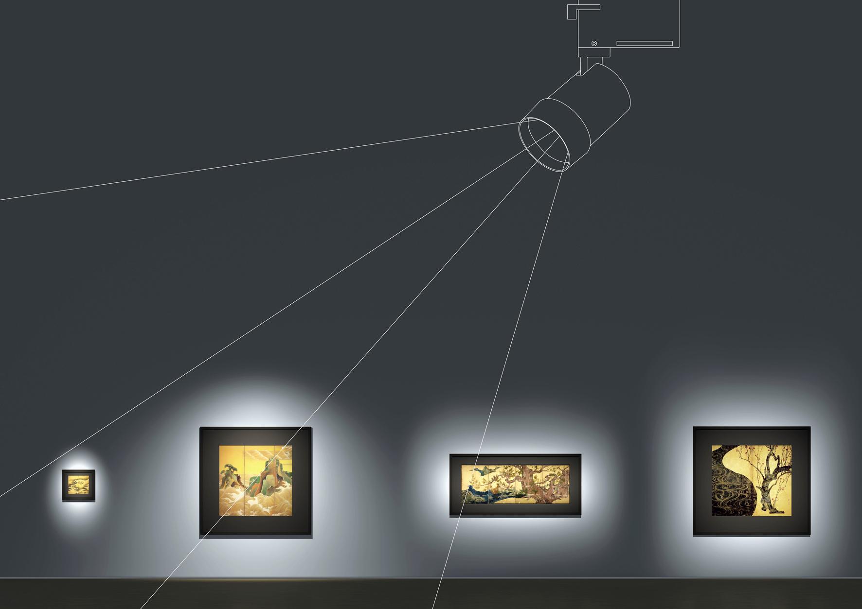 Zoom track spotlights highlighting artwork in a contemporary gallery.