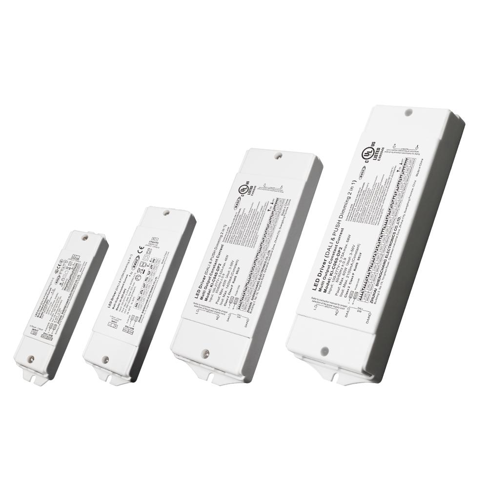 DALI LED driver family with different power ratings, output types and enclosure options.