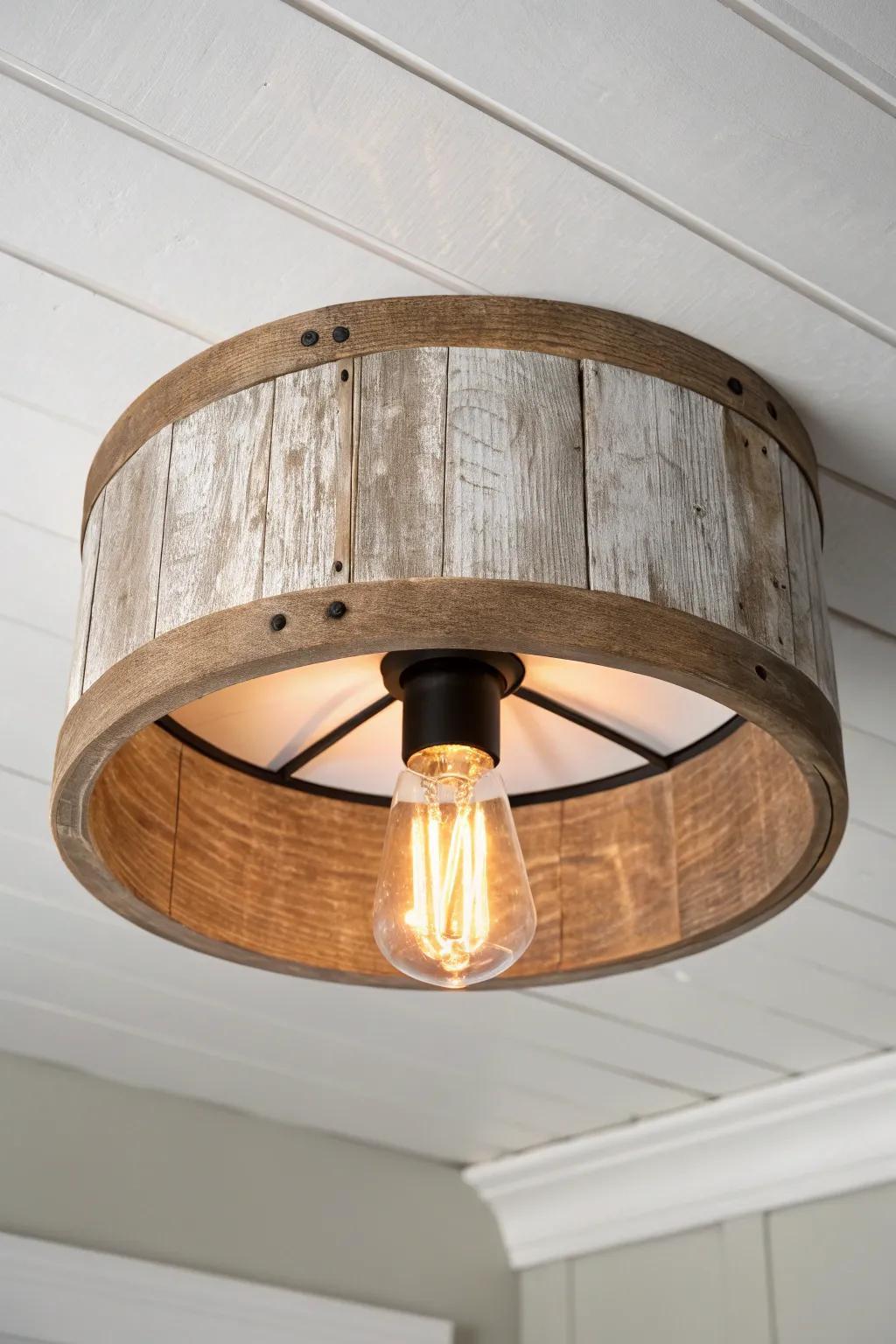 A warm decorative ceiling light combining aged materials, traditional textures and a relaxed farmhouse-inspired character.