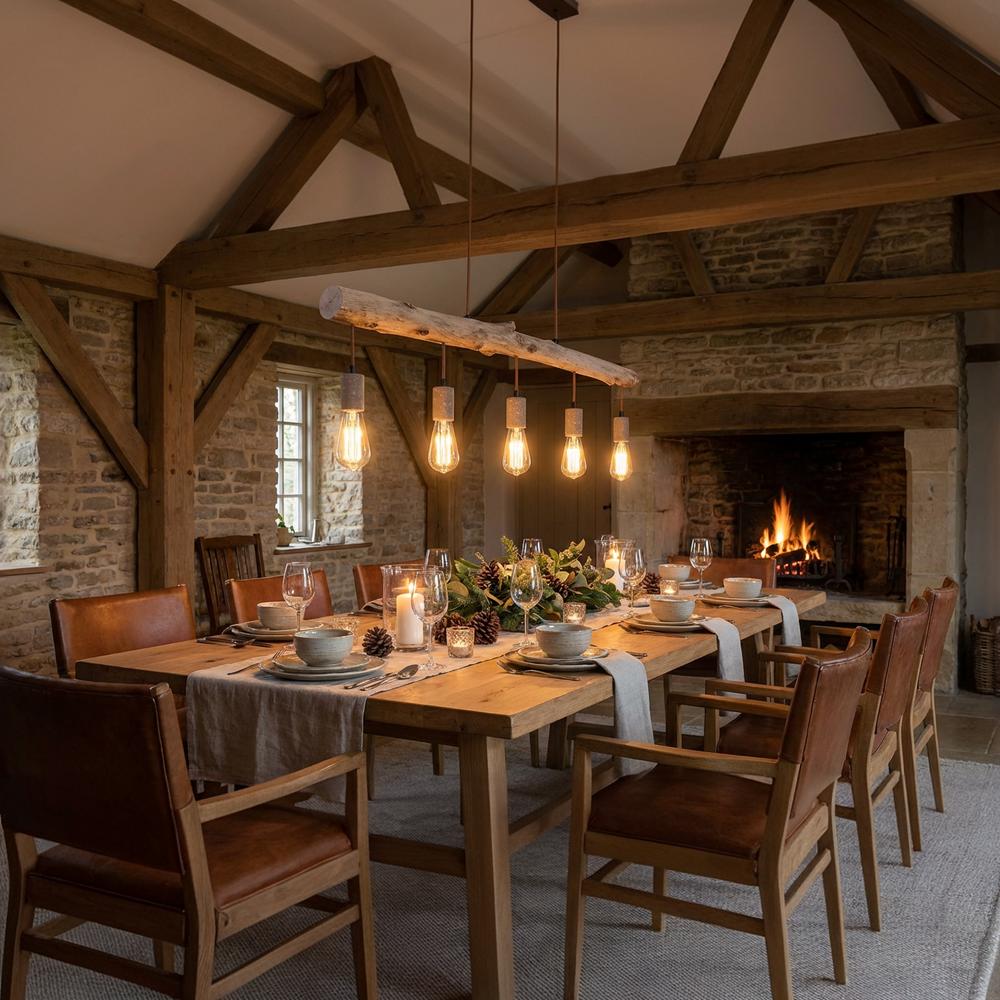 A warm decorative ceiling light combining aged materials, traditional textures and a relaxed farmhouse-inspired character.