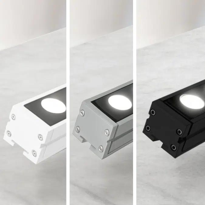 Linear wall washer family with finish and length variations.