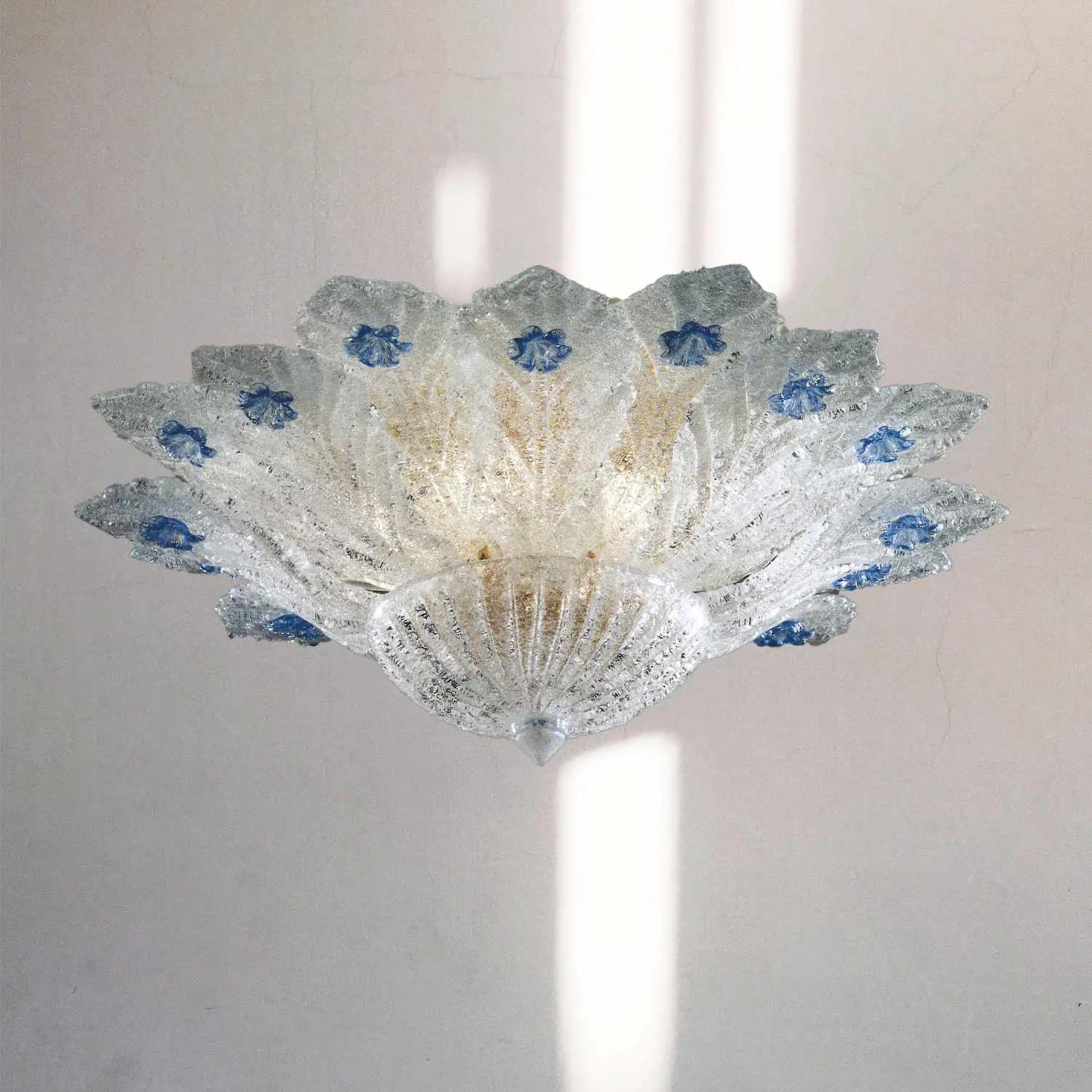 Murano ceiling light with expressive coloured artistic glass elements on a white background