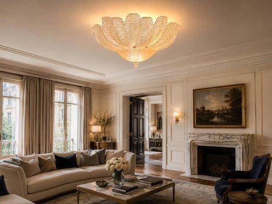 Murano glass ceiling light creating a distinctive decorative feature in an elegant residential interior