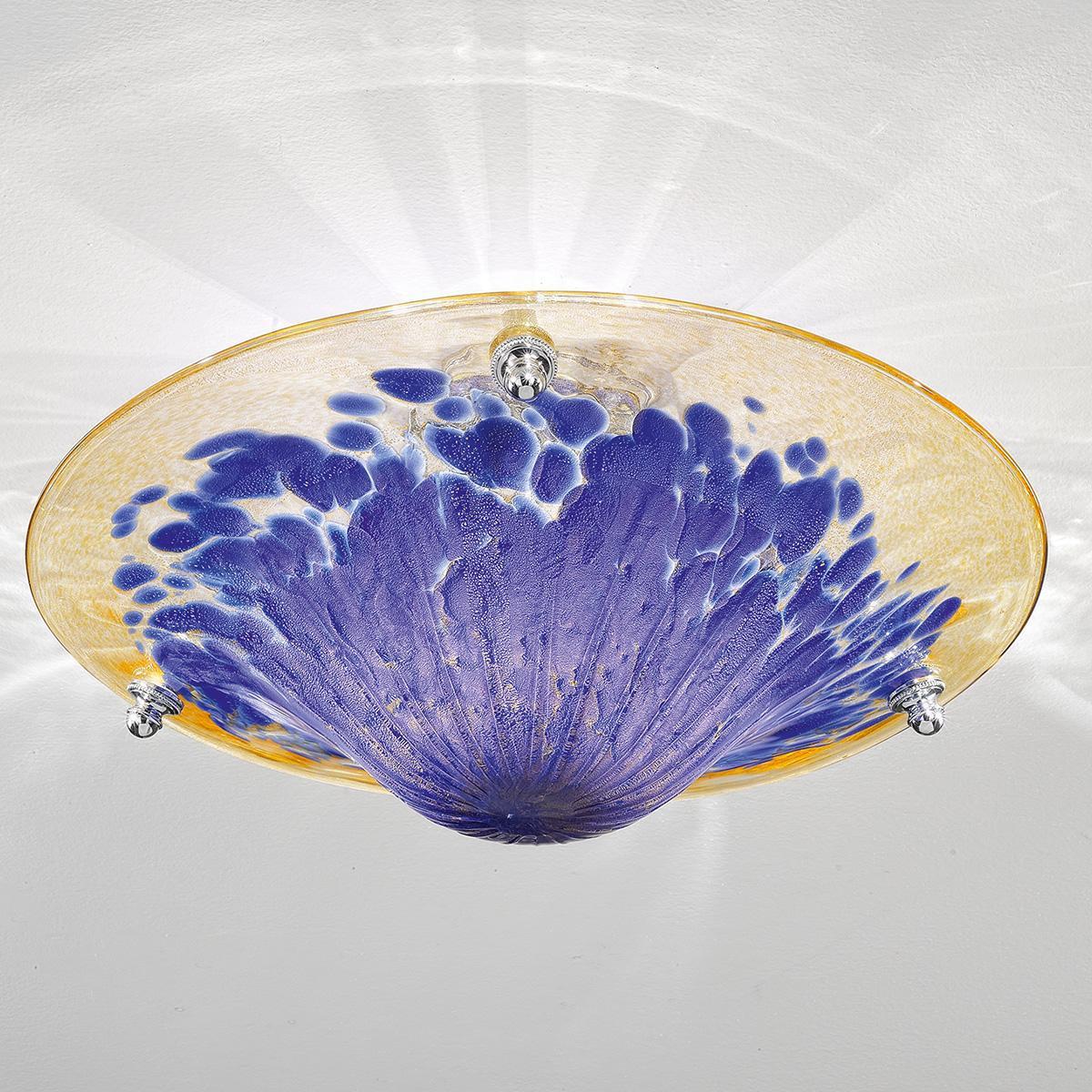 Murano ceiling light with expressive coloured artistic glass elements on a white background