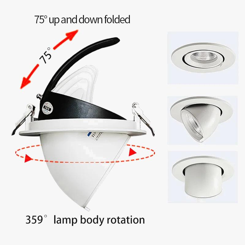 Front view of a recessed adjustable gimbal downlight with a tiltable light engine.