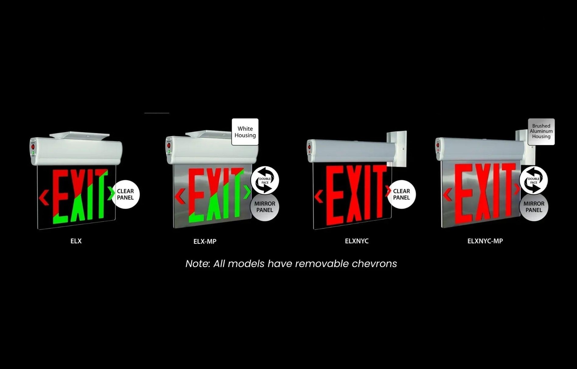 Exit sign family with size and configuration variations.