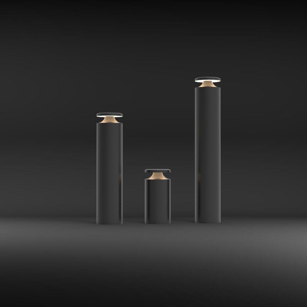Anti-glare bollard family with height, finish and optical variations.