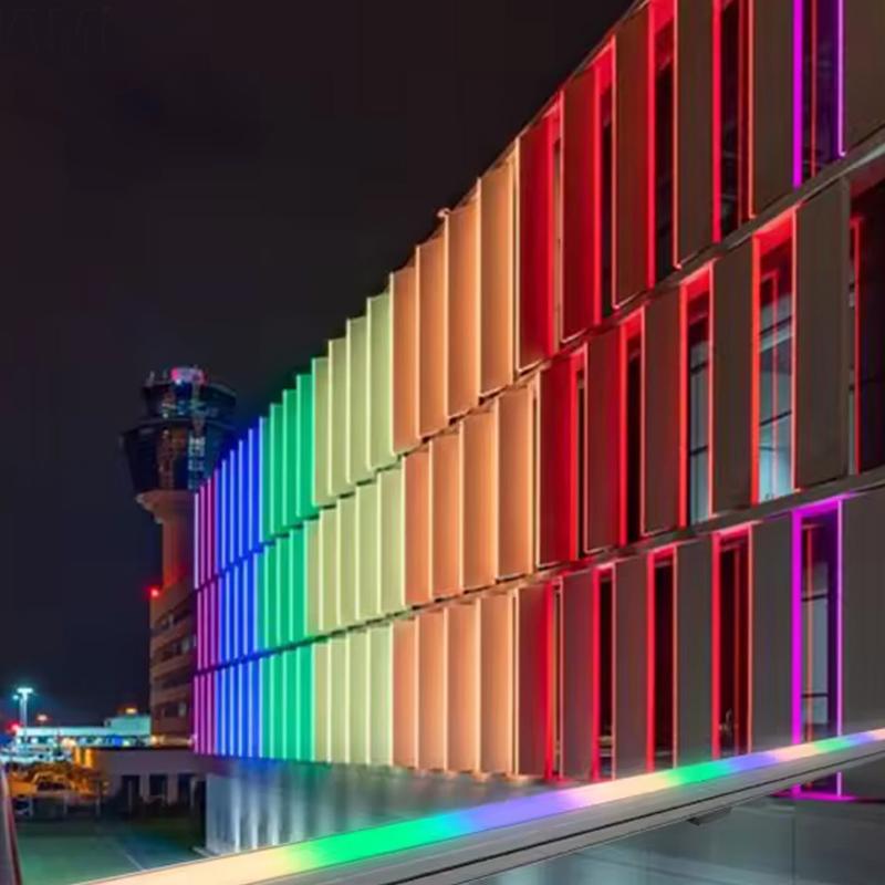 DMX lighting control system operating a dynamic architectural façade lighting installation.