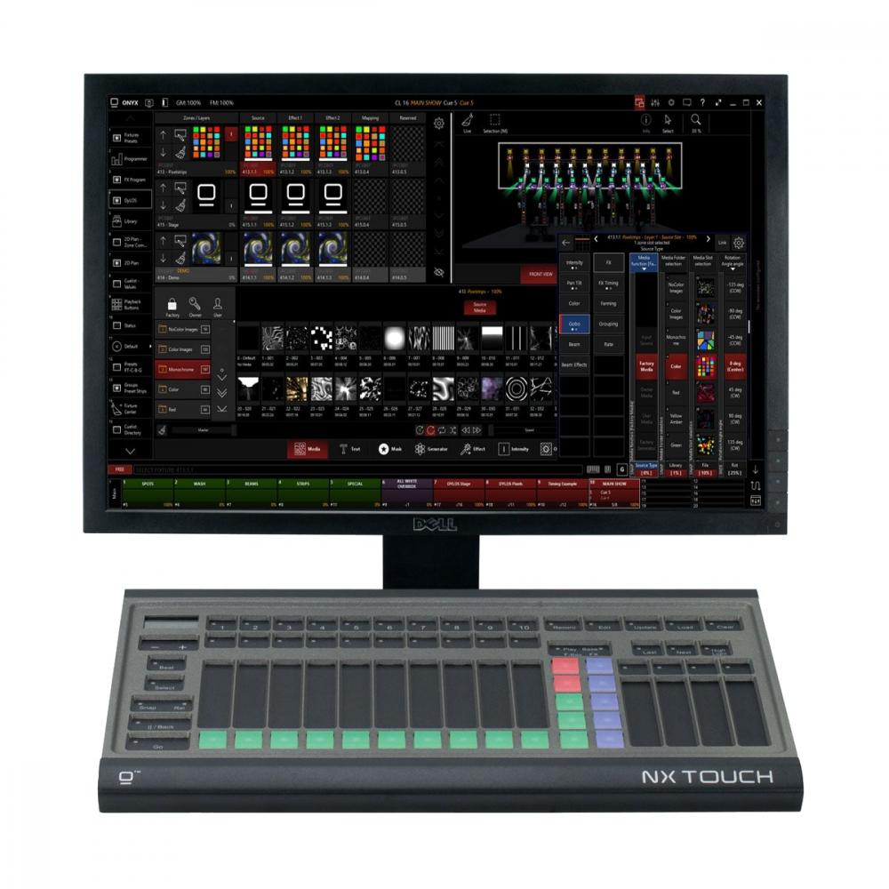 DMX lighting control system with controllers, interfaces and signal distribution devices.