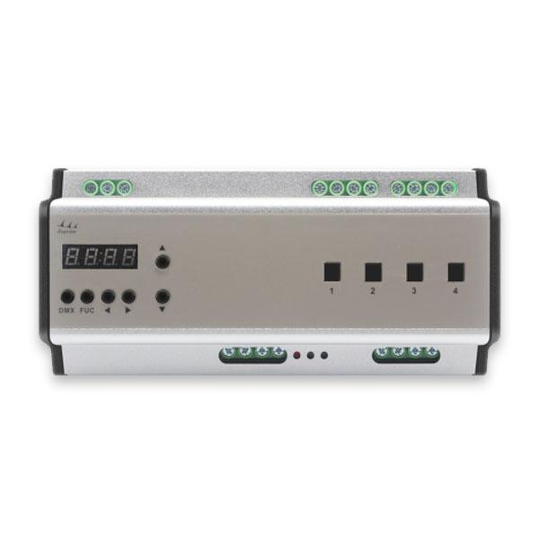 Front view of a DMX lighting control module.