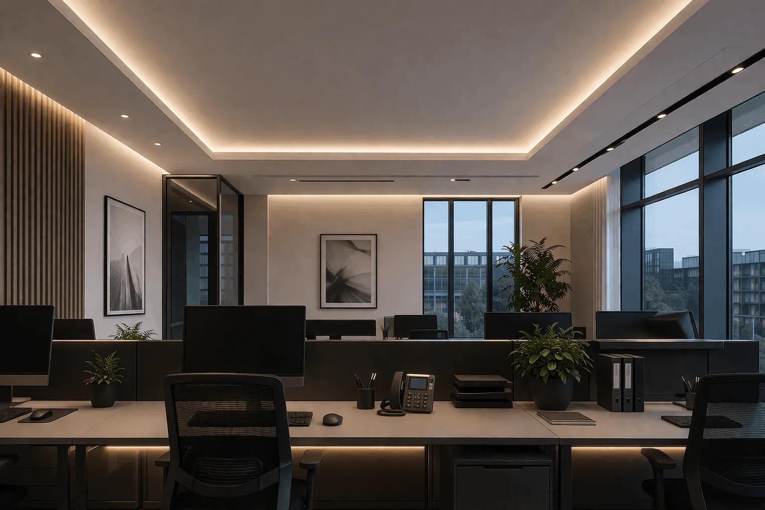 Tunable White LED strips installed in a contemporary office environment with adaptive white lighting.