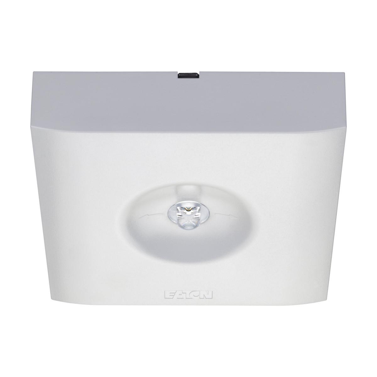 Front view of a surface-mounted central battery emergency light.