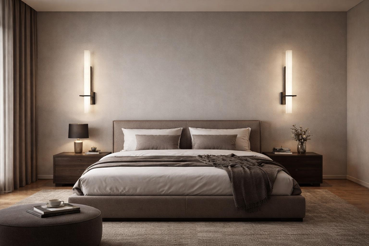 Bedside wall lamp installed beside a luxury hotel bed providing warm ambient illumination.