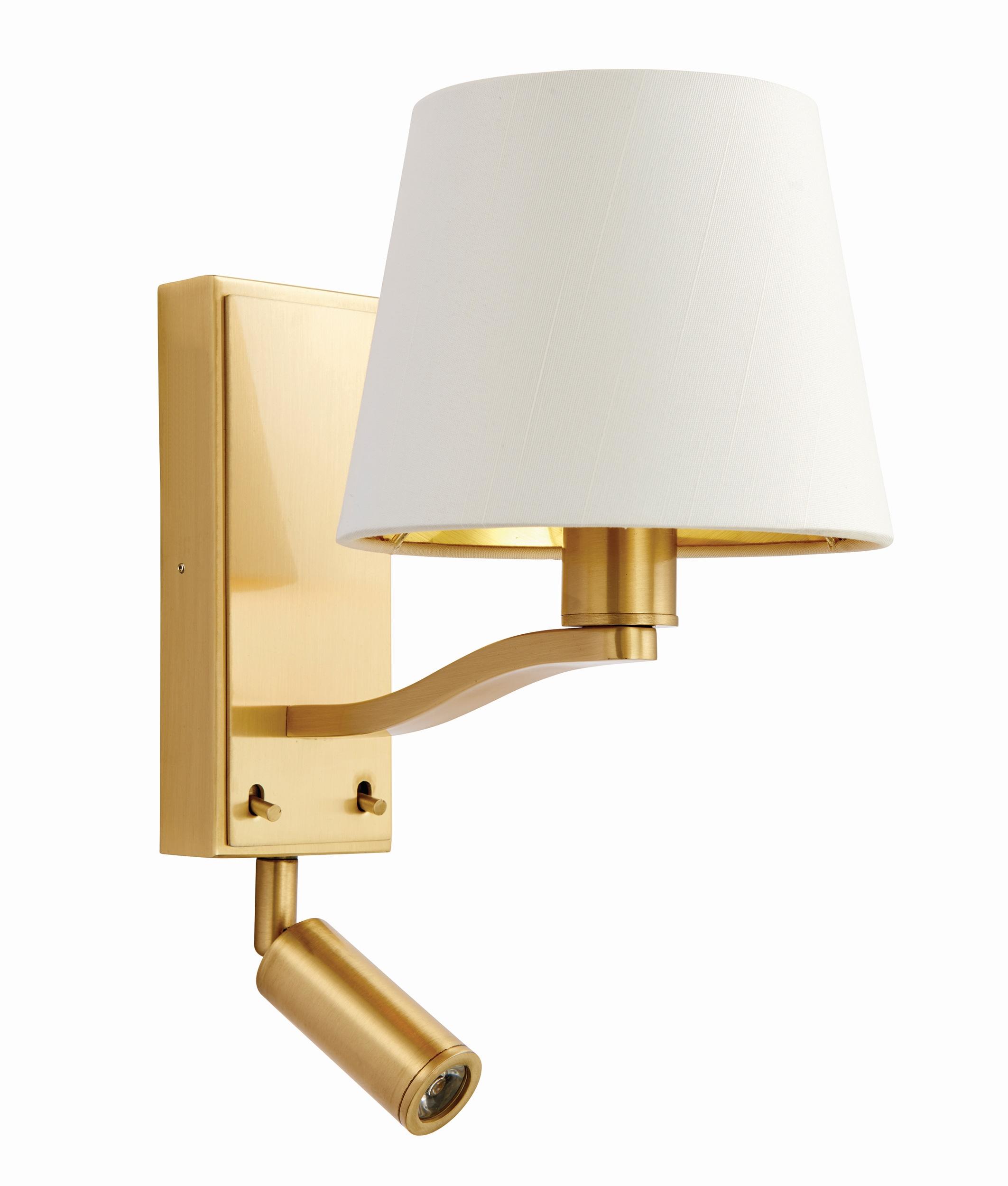 Front view of a bedside wall lamp with integrated reading light and refined finish.