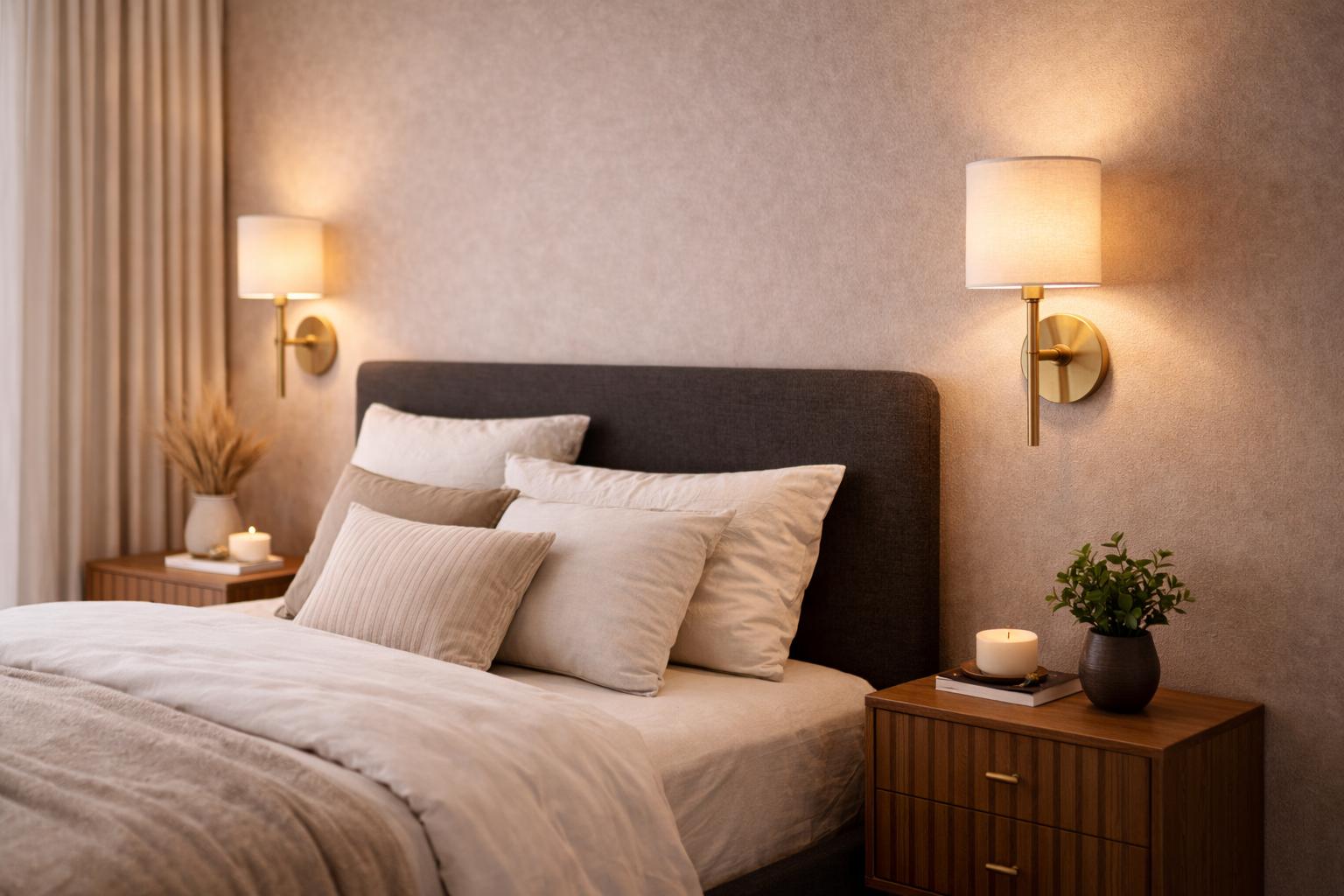 Bedside wall lamp installed beside a luxury hotel bed providing warm ambient illumination.