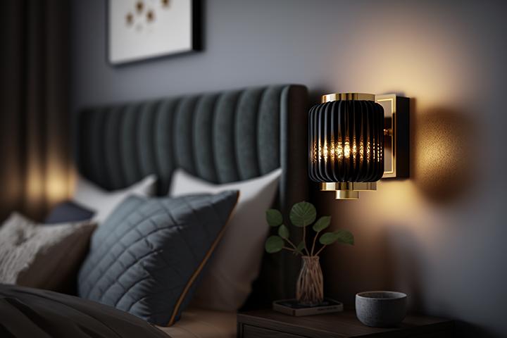 Bedside wall lamp installed beside a luxury hotel bed providing warm ambient illumination.
