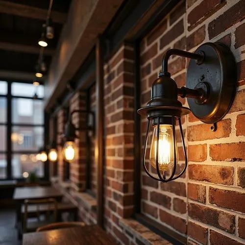 Industrial wall lamp installed in a contemporary restaurant with industrial architectural styling.